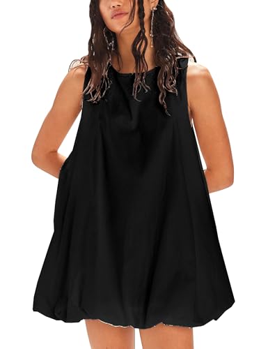 Majdan Womens Bubble Mini Dress Summer Sleeveless Short Dresses Lantern Tank Dresses Beach Sundress with Pockets
