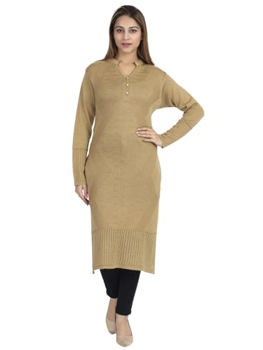 Image of Rosary Women's Winter Woolen Kurti Knitted Solid Straight Fit Ethnic Wear with 2 Side Pockets Light Camel
