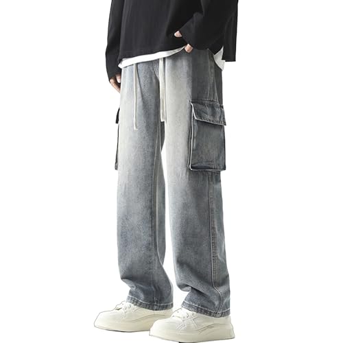 XYXIONGMAO Men's Light Wash Denim Cargo Pants Streetwear Casual Baggy Drawstring Elastic Waist & Oversized Pockets for Men