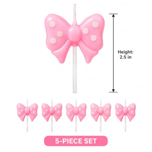 Image of Wanna Party Pink Bow Ribbon Shaped Cake Candles, Polka Dot Birthday Cake Topper Candles for Girls Birthday, Baby Shower, Princess Theme Party & Cake Decoration - Pack of 5