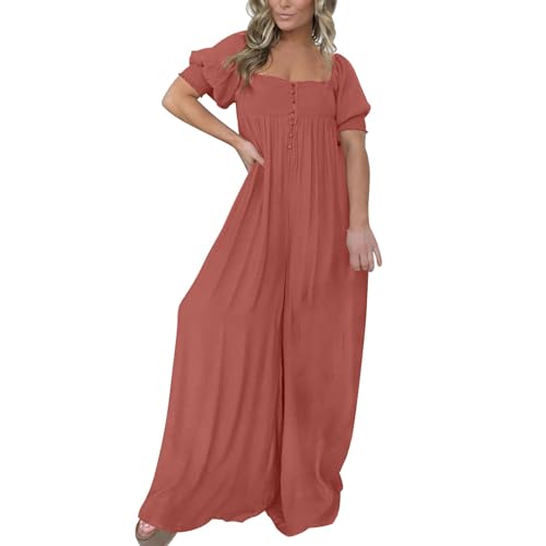 Mono elegante de manga corta para mujer, tallas grandes, mono con mangas abullonadas, cuello cuadrado, plisado, pantalones palazzo, talla grande, Y2K, traje de pantalón deportivo, traje de playa, mono