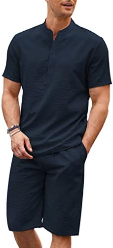 COOFANDY Men’s 2 Pieces Linen Set Casual Henley Shirts Short Sleeve Beach Yoga Shorts Summer Pants Outfits