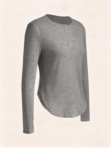 Women's Button-Front Long-Sleeve T-Shirt Curved Hem 2025 Gray Fashion Top