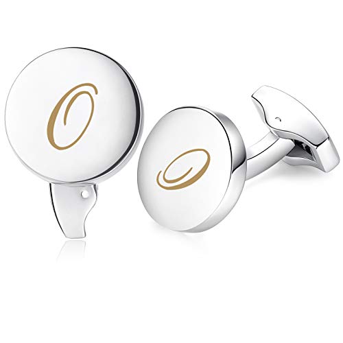 HONEY BEAR Initial Alphabet Letter Cufflinks Round for Mens Wedding Gift O Silver