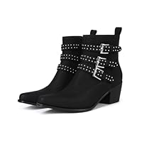Western Style Women's Ankle Boots With Double Buckle And Studs Mid-Heel Suede Upper Square Toe Fashionable Cowboy Boots For Women Country Concerts Booties Black US7.5