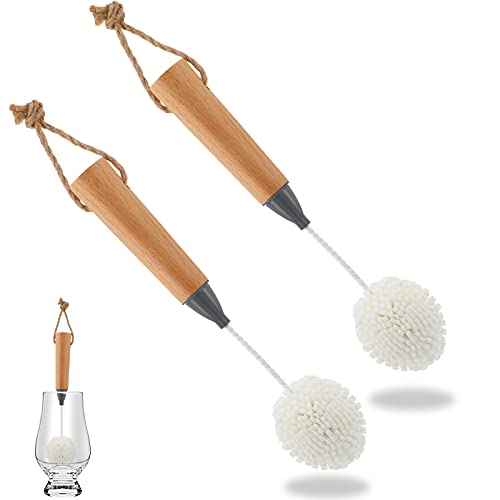 2 Pcs Wine Glass Cleaning Brush Flute and Stemware Brush Non Scratch Foam Bristle Scrubber with Wooden Handles Glass Scrubber for Champagne Flutes Glassware Drinking Cleaner Tool