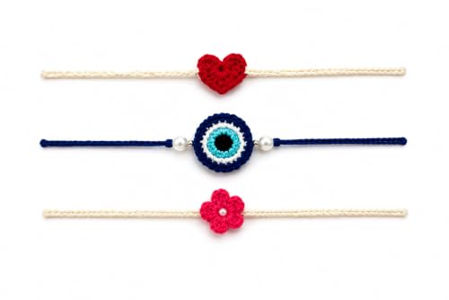 Image of Handmade Crochet Floral Rakhi Set with Pearl Accent | Designer Raksha Bandhan Gift Combo (Pack of 3) heart shape /mini flower /evil eye