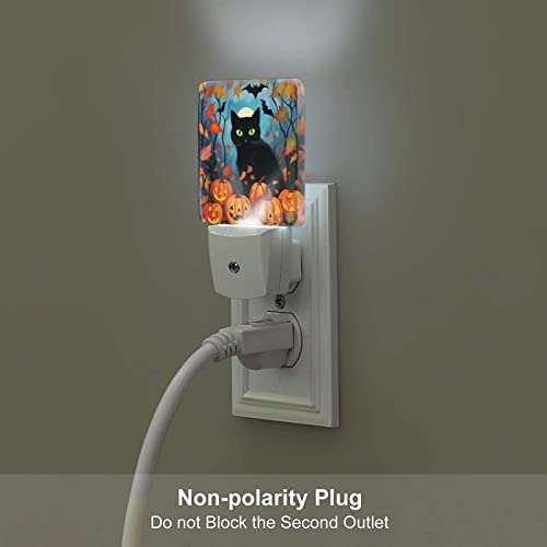 Image of Black Cat Leaves LED Plug-in Night Light 2-Pack, Auto Sensor Emergency Halloween Pumpkin Nightlights Set of 2 for Dawn Bedroom Kitchen /Dusk Bathroom /Night Stairs Hallway Toilet