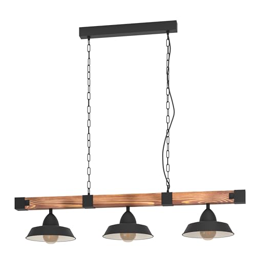 EGLO Lámpara colgante OLDBURY, lámpara de suspensión vintage con 3 bombillas de estilo industrial, lámpara colgada de acero y madera, color negro, marrón rústico, casquillo E27, L 118 cm