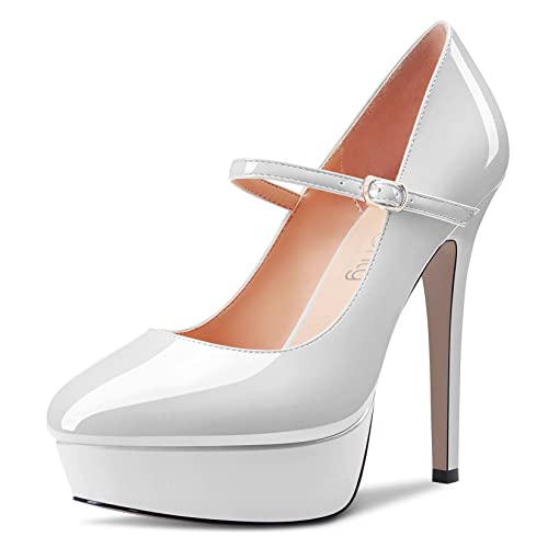 NobleOnly Women Stiletto High Heel Platform Round Toe Pumps Mary Jane Party Wedding Dress 5.1 Inches Heels