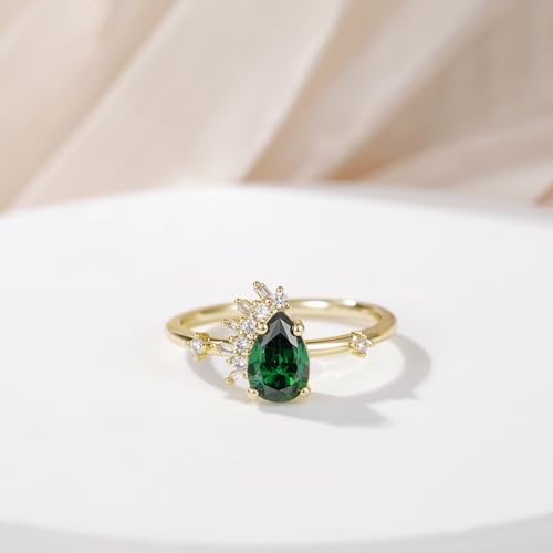14K Gold Plated 1CT Engagement Rings for Women Pear Cut Green Created Emerald CZ Wedding Promise Rings for Her Size 5-102