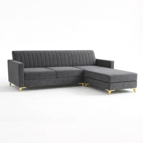 Image of CASASTYLE Groovy 4 Seater L Shape Sofa Set with Movable Ottoman | Flexible Left or Right Layout | Cozy Velvet Fabric | Soft Touch Seating | Modern Designer Sofa for Living Room (Dark Grey)