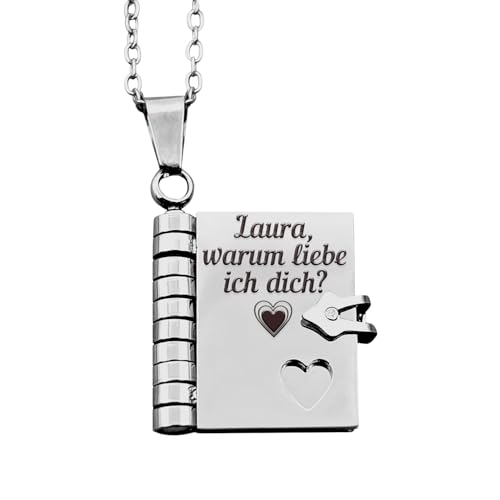 Generisch Personalisierte Kette Damen und Herren – Silber Buch Anhänger aus Edelstahl 316L – Gravur auf Cover & 6 Seiten – Kette Mit Namen – Liebevolle Geschenke für Mama, Oma, Freundin