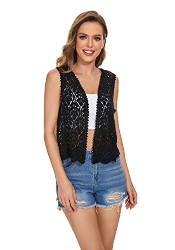 Image of Womens Floral Crochet Lace Trim Sleeveless Open Front Vest Cardigan