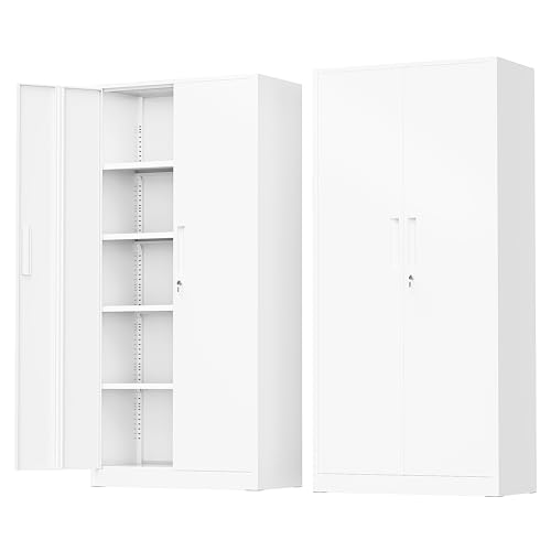 Greenvelly White Metal Storage Cabinet, 72" Locking Storage Cabinets with Doors and 4 Shelves, Tall Tool Storage Cabinet for Garage, Steel Lockable File Cabinet Metal Locker for Home Office, Classroom