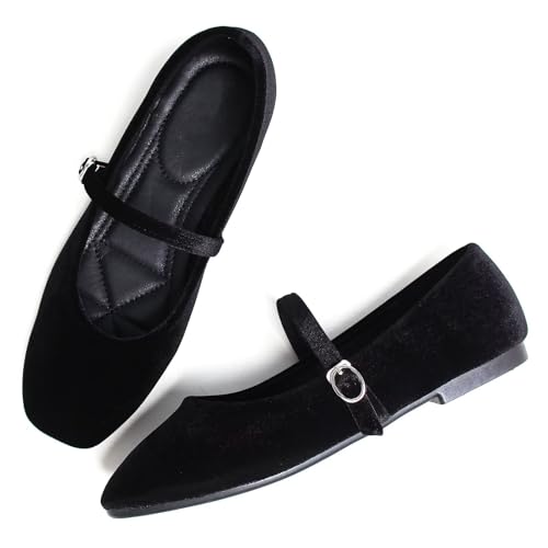 WENJIAZHIZHI Women's Vintage Warm Mary Janes Flats One Step Ankle Buckle Square Toe Dress Ballerian Flats Shoes4