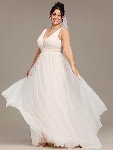 Image of Ever-Pretty Plus Women's V Neck Sleeveless A Line Pleated Tulle Floor Length Bridal Dresses Ivory US14