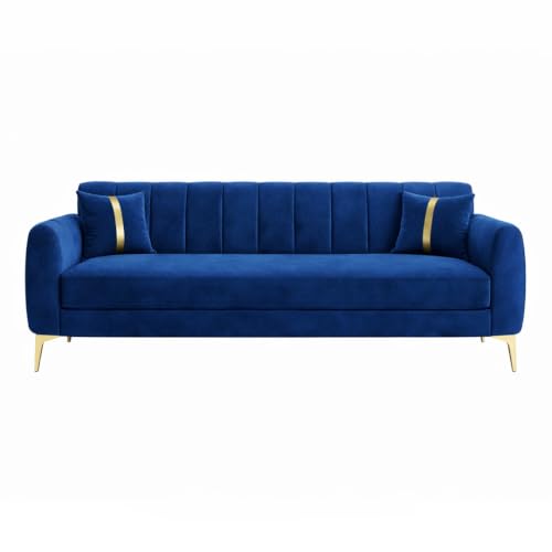 Image of Hermione Luxe Velvet-Suede Fabric 3 Seater + 1 Seater + 1 Seater Sofa Set | Golden Legs | Comfortable & Spacious Seating | Modern Sofa Set for Living Room - Dark Blue