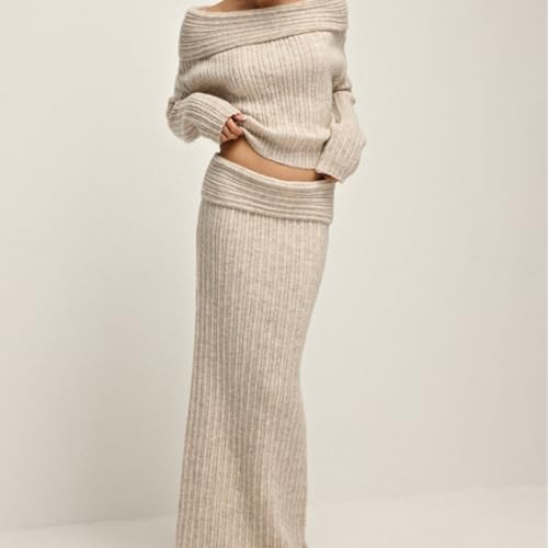 Knit Skirt Sets for Women 2 Piece,Knitted Off-Shoulder Top Knitted Skinny Maxi Skirts 2Piece Set,Loose Fall Casual Outfits2