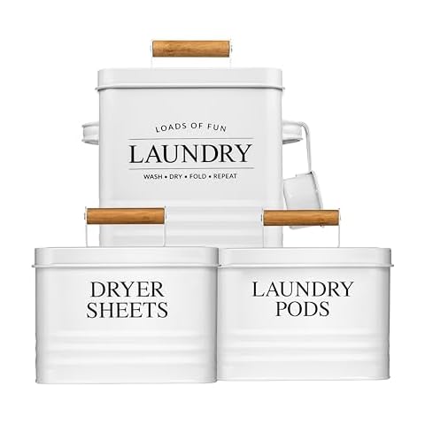 Calindiana Modern Farmhouse Laundry Powder Container, Dryer Sheets Holder and Laundry Pods Holder Bundle for Laundry Room Organization and Storage, Laundry Room Decor Cover