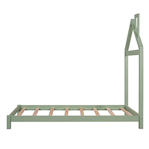 Anwick Twin Size Kids Bed With House-Shaped Headboard, Toddler Floor Bed With Solid Wood Slats,Twin Platform Bed Frame For Girls Boys,No Box Spring Needed (Green) #TOP6