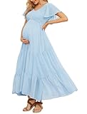 Swiss Dot Smocked Maternity Dress for Baby Shower Photoshoot Casual V Neck Ruffle Sleeve Empire Waist Tiered Boho Dress, Sky Blue, XXL
