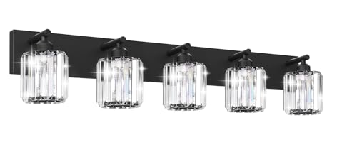 Image of Black Crystal Bathroom Vanity Light, 5-Light Modern Bathroom Lighting Fixtures Over Mirror, Matte Black Wall Sconce Light Fixtures with Round Shade