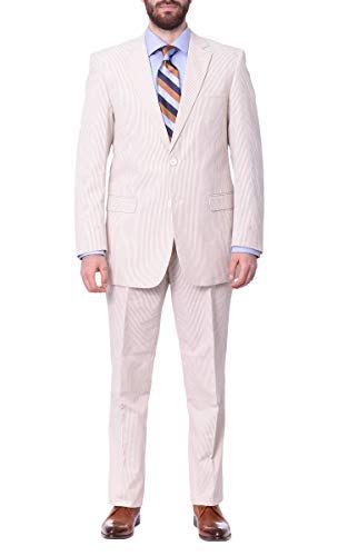 Emigre Mens Tan and White Striped Seersucker Two Button Cotton Suit