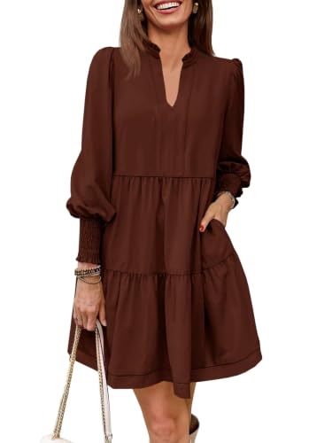 Image of Imily Bela Womens Fall Long Sleeve Tunic Dress Casual V Neck Tiered Dress