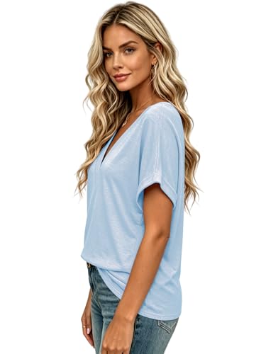 Image of T Shirts Short Sleeve V Neck Tees Womens Tops Beach Vacation Fashion Clothes 2026 Casual Summer Spring Fall Outfits
