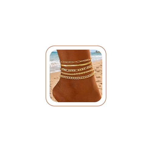 Image of iF YOU Gold Ankle Bracelets for Women, 14k Gold Plated Waterproof Cuban Link Chain Anklets Set, Layered Anklet Bracelets for Women Beach Gift Adjustable Size 5pcs