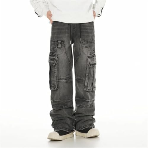 Men's Y2K Street Korean Loose Elastic Waist Jeans Washed Work Jeans3