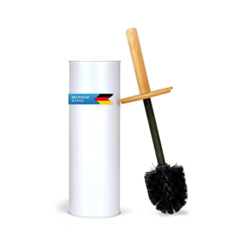 Brosse WC avec poignée en bambou, support de brosse et protection hygiénique anti-éclaboussures ; brosse de toilette remplaçable
