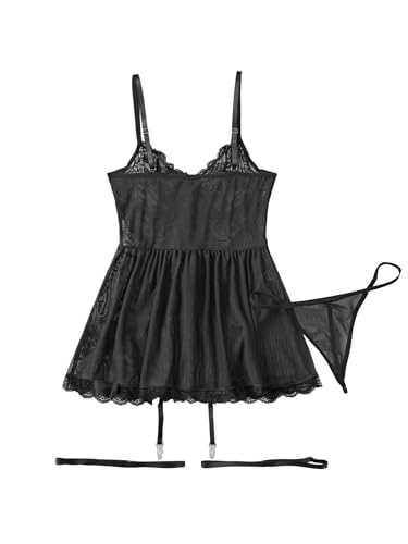 Image of Lilosy Sexy Garter Belt Mesh Lace Babydoll Lingerie Dress Set with Thong