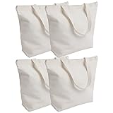 Acoavo Canvas Tote Bags with Zipper 4 Pcs Bulk Tote Bags with Handle 13.3 × 15.7 Inch Large Reusable