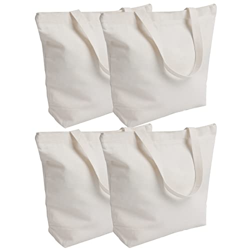 Acoavo Canvas Tote Bags With Zipper 4 Pcs Bulk Tote Bags With Handle 13.3 × 15.7 Inch Large Reusable Shopping Cloth Bags For Groceries Foldable, Washable Unbleached Grocery Tote Bag White #TOP6