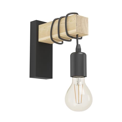 EGLO Wandlampe innen Townshend, Vintage Wandleuchte mit Holzbalken, Retro Wand Lampe aus Holz und Metall in Schwarz, E27, FSC zertifiziert