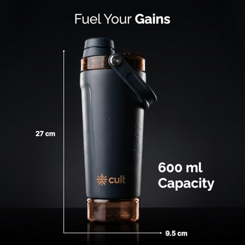 Image of CULT Steel Shaker Bottle 600ml Protein Mixer Bottle with Secure Lock Lid, Storage Compartment & Non-Slip Grip for Gym & Travel, BPA-Free