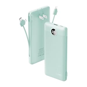 VRURC Portable Charger Built-in Cables and AC Wall Plug, USB C Power Bank 10000mAh, Travel Battery Portable Phone Charger Compact Lightweight External Battery Pack for Smart Phones, Tablets etc-Green