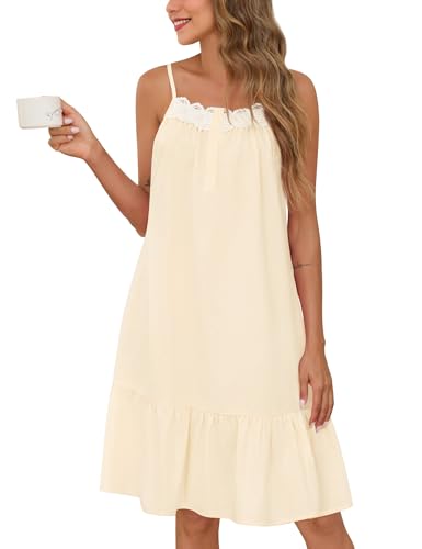 Image of SWOMOG 100% Cotton Nightgowns for Women Lace Sleeveless Sleep Dress Victorian Sleepshirt Button Strap Night Gown