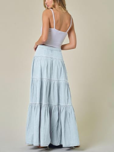 ebossy Tiered Flared Long Jean Skirts for Women Denim Ruffle Pleated High Waist Maxi Cascading Skirts with Pockets3