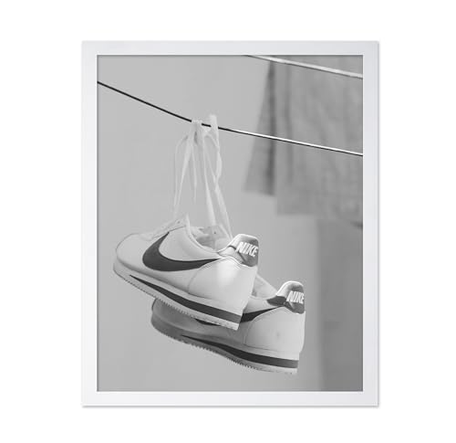 Poster Master Sneakers Poster - Shoes in Clothesline Print - Fashion Art - Black and White Design - Shoes Illustration - Minimal Design - Bedroom or Living Room Wall Decor - 8x10 White Framed