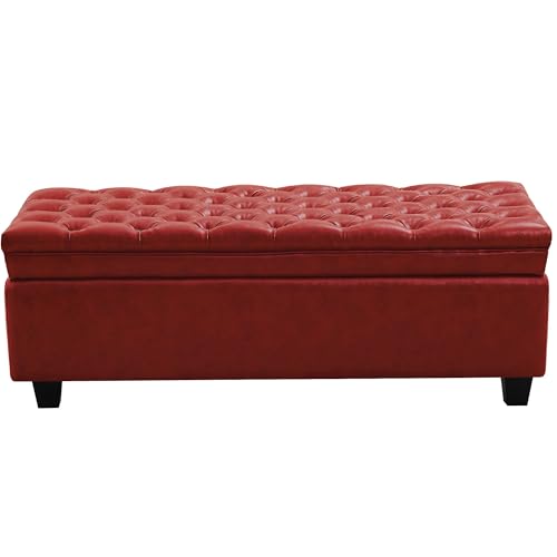 Image of WUTUTUEE 50 inch Faux Leather Storage Ottoman Bench, End of Bed Upholstered Rectangle Storage Ottoman Tufted Living Room Bedroom Bench with Safety Hinge, Solid Wood Legs, Loads 500 lb(Red)