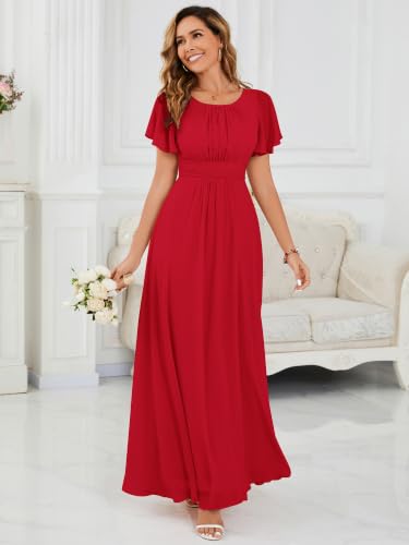 Image of Ever-Pretty Women's Spring Elegant Round Neck Short Sleeve Chiffon Empire Waist Floor Length Formal Dresses Bridesmaid Dress