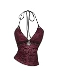 RoseSeek Women's Leopard Print Halter Tops Gothic Deep V Neck Sleeveless Music Festival Crop Top Red Large