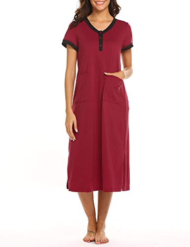 Ekouaer Women's Long Nightgowns Short Sleeve Nightshirt Maxi Loungewear Full Length Sleeping Shirt Wine Red