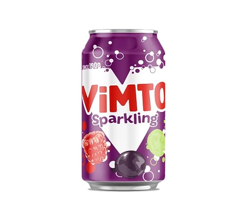 Vimto Fizzy Fruit Juice Drink – Blackcurrant, Grape & Raspberry – 24 x 330ml Cans – Sparkling Mixed Fruit Flavour – Vegetarian – Real Juice from Concentrate