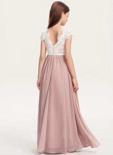 A-Line Scoop Floor-Length Satin Lace Chiffon Bridesmaid Dress with Bow Flower Girls Wedding Party Dresses T0383