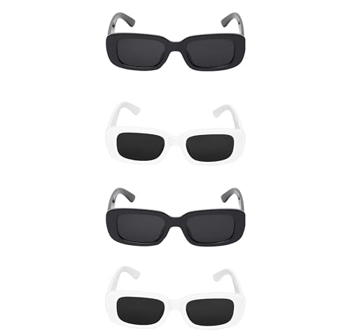 Image of Retro Rectangle Sunglasses for Women & Men | UV400 Protection | Trendy Thick Frame Fashion Eyewear | Lightweight Casual Shades | Black & White Combo Pack