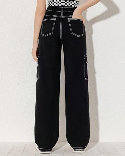 Girls Baggy Cargo Jeans Y2K Elastic Waist Straight Wide Leg Loose Denim Pants with Flap Pockets2